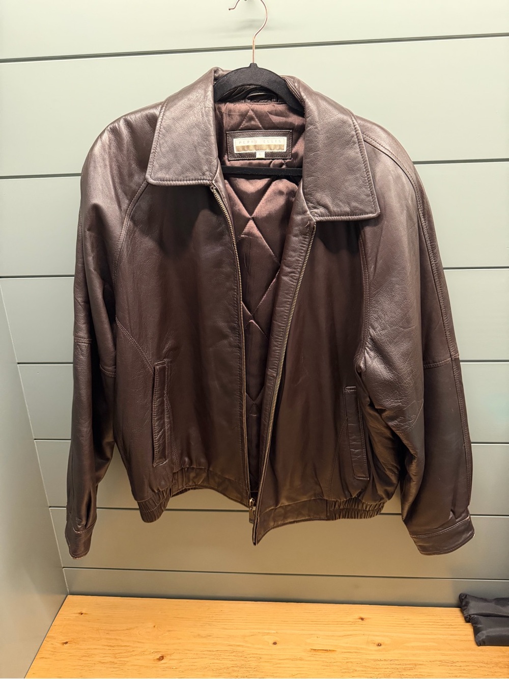 Perry Ellis Dark Brown Leather Bomber Jacket